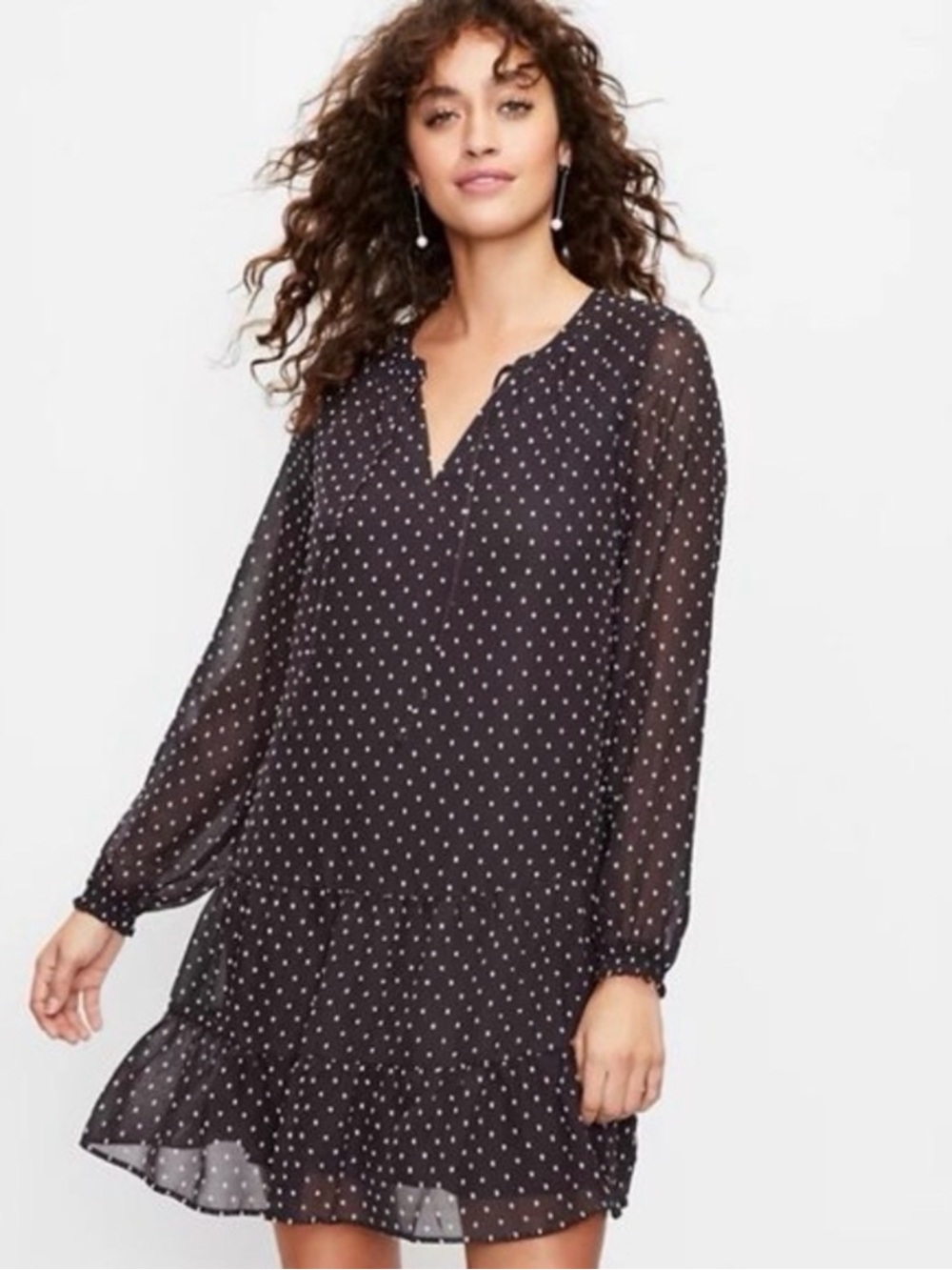 LOFT - Black Polka Dot Long - Sleeve Shift Dress